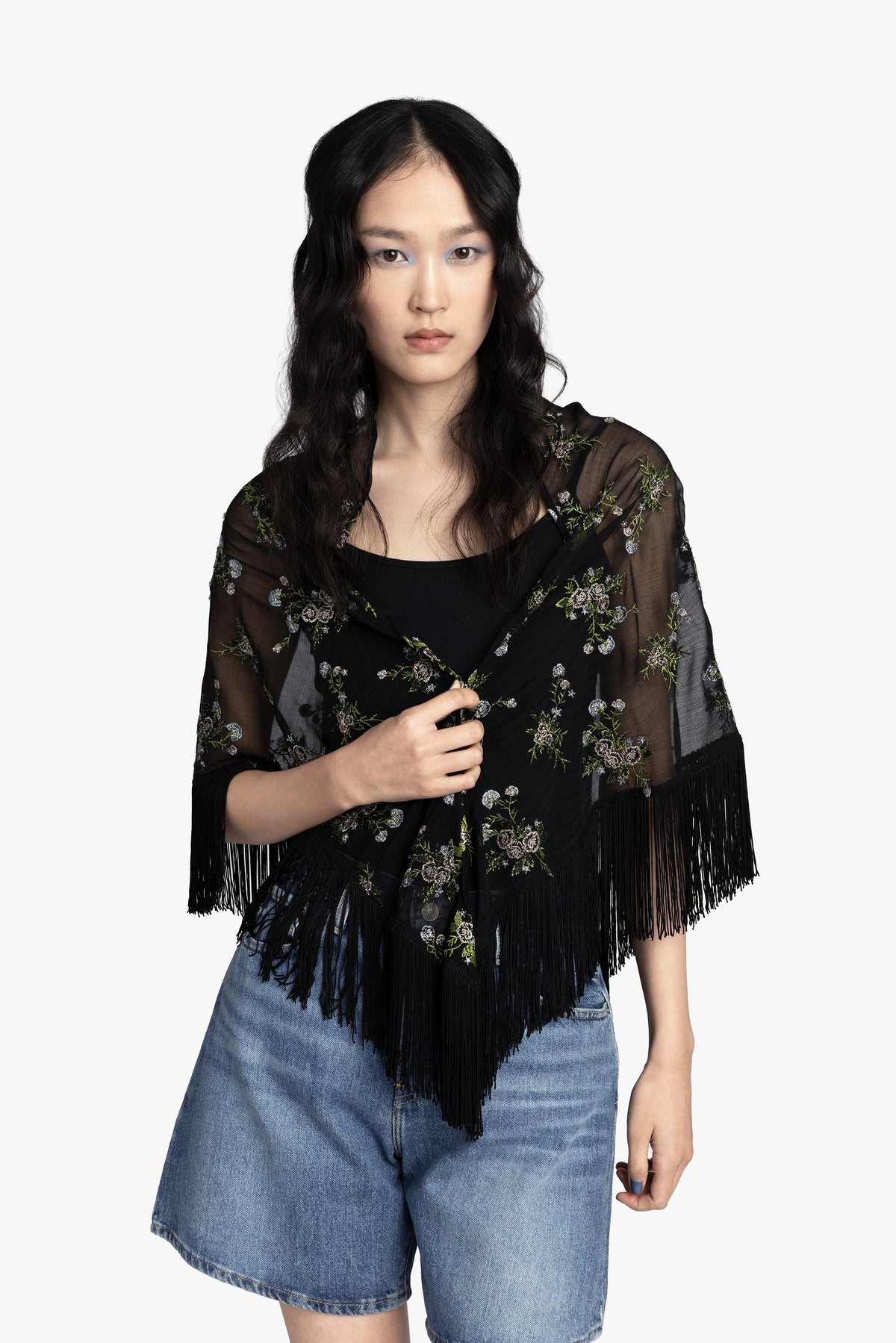 Bluebell Embroidered Chiffon Fringe Shawl - Anna Sui Online