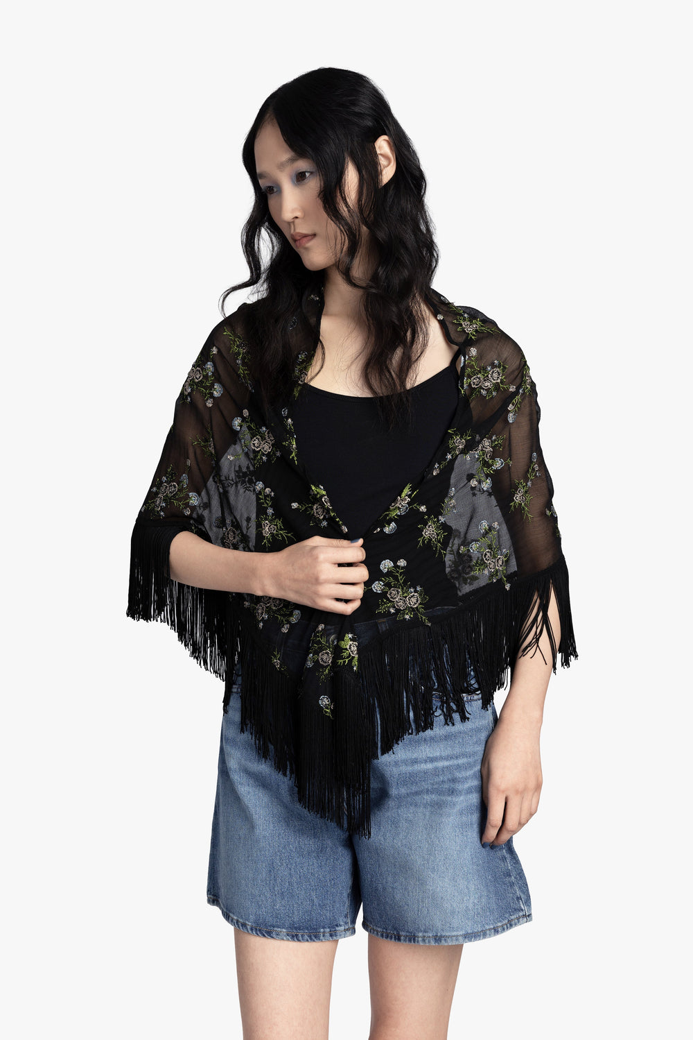 Bluebell Embroidered Chiffon Fringe Shawl - Anna Sui Online