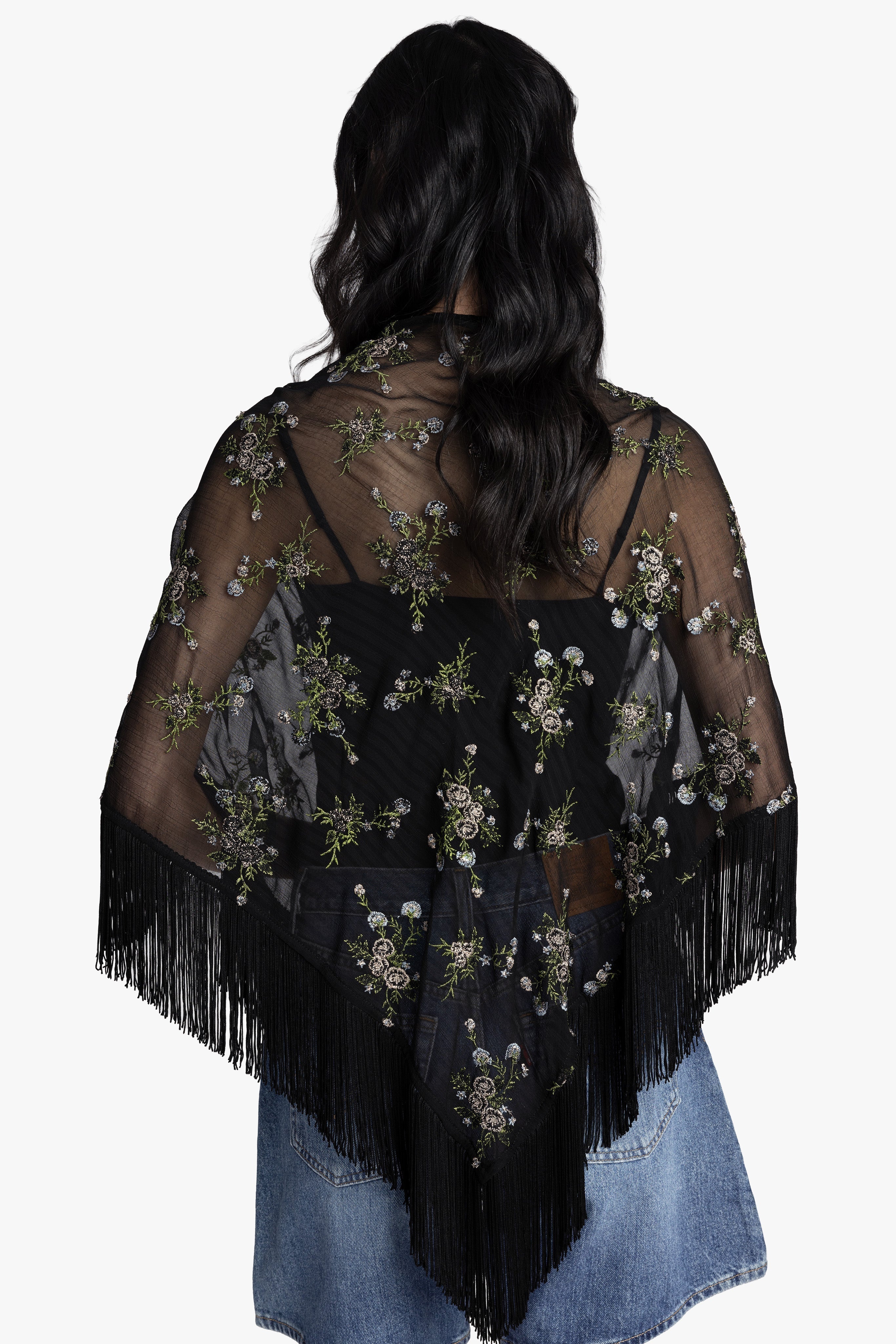 Bluebell Embroidered Chiffon Fringe Shawl - Anna Sui Online