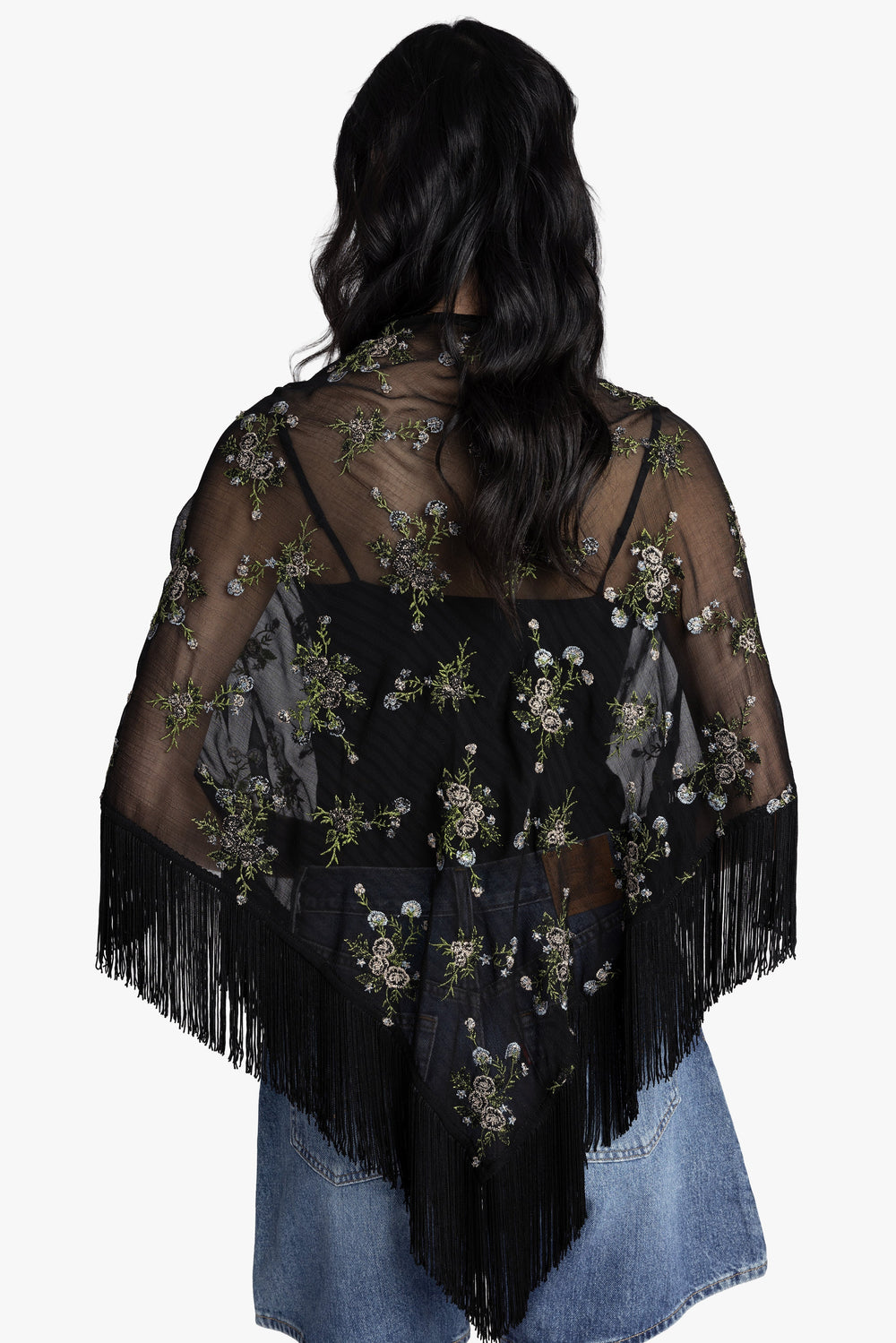 Bluebell Embroidered Chiffon Fringe Shawl - Anna Sui Online