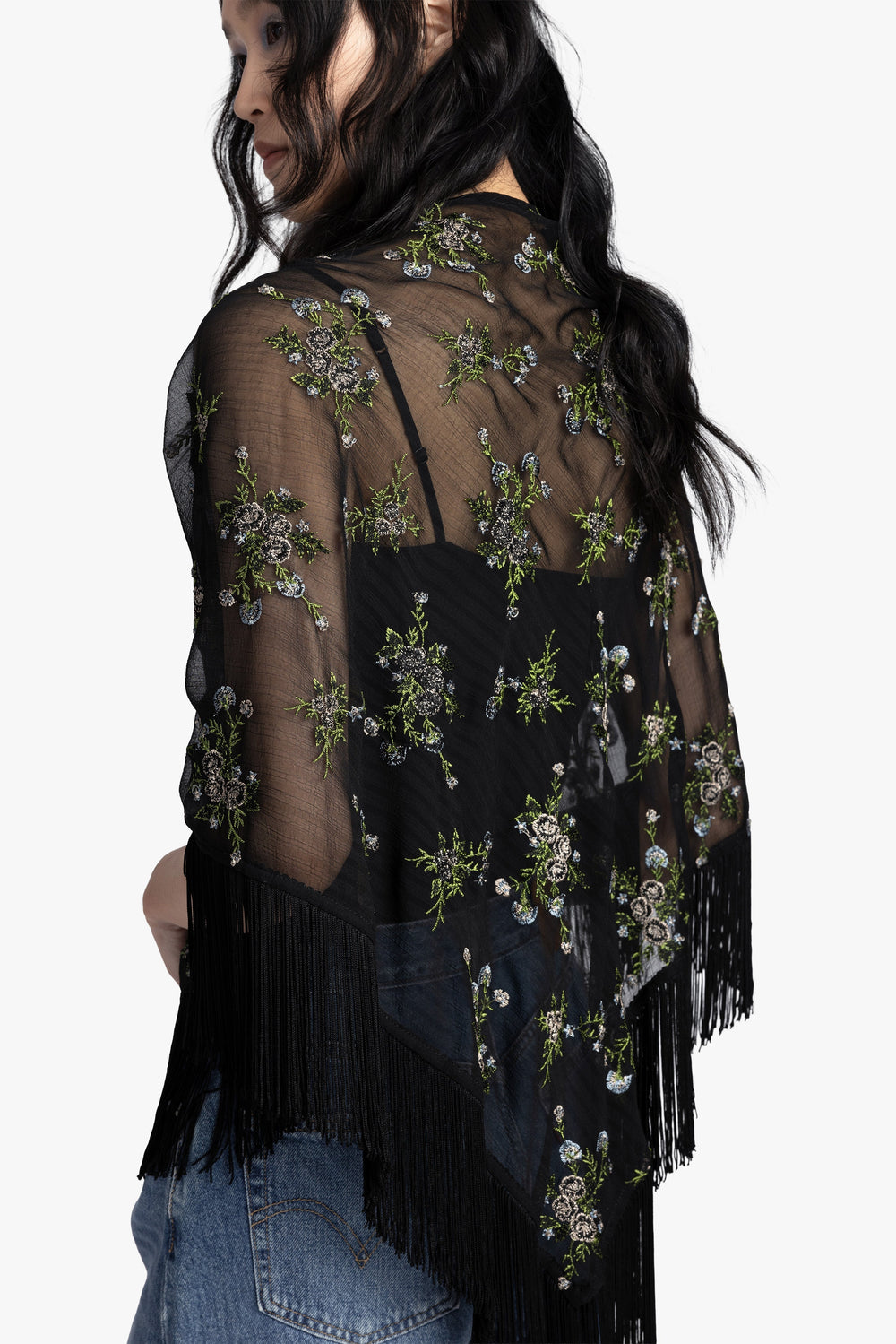 Bluebell Embroidered Chiffon Fringe Shawl - Anna Sui Online