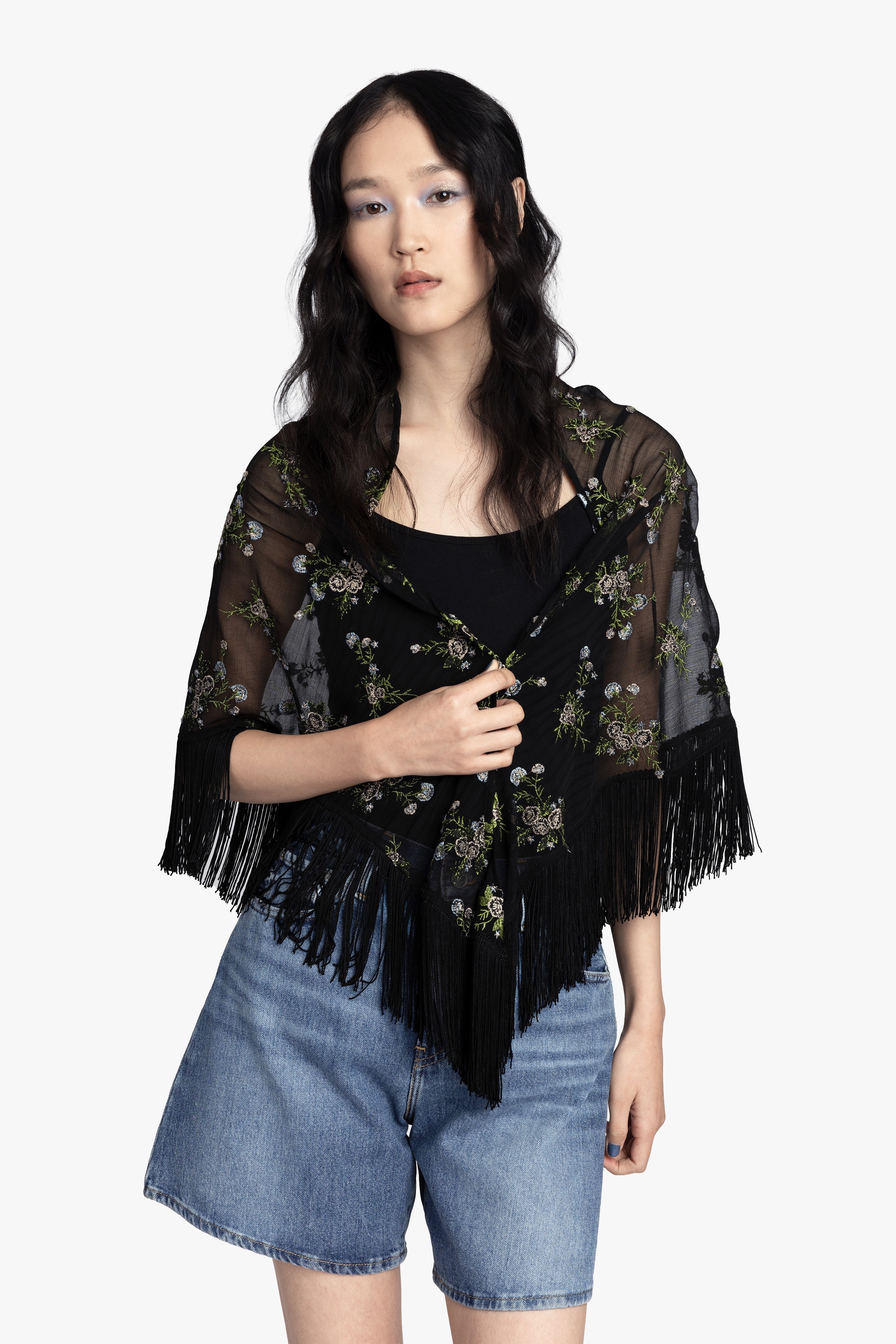 Bluebell Embroidered Chiffon Fringe Shawl - Anna Sui Online