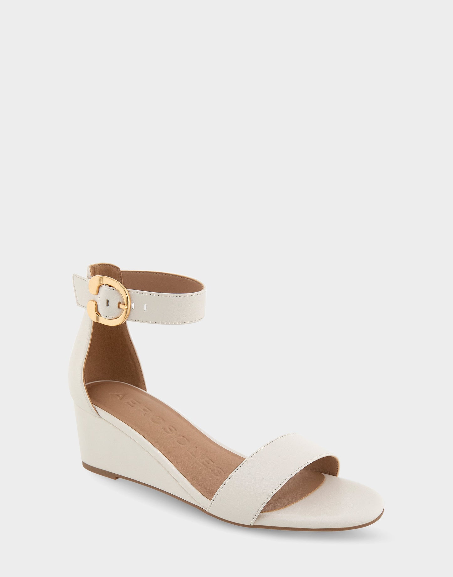 Aerosoles Ankle Strap Mid Wedge Sandal in Eggnog Faux Leather
