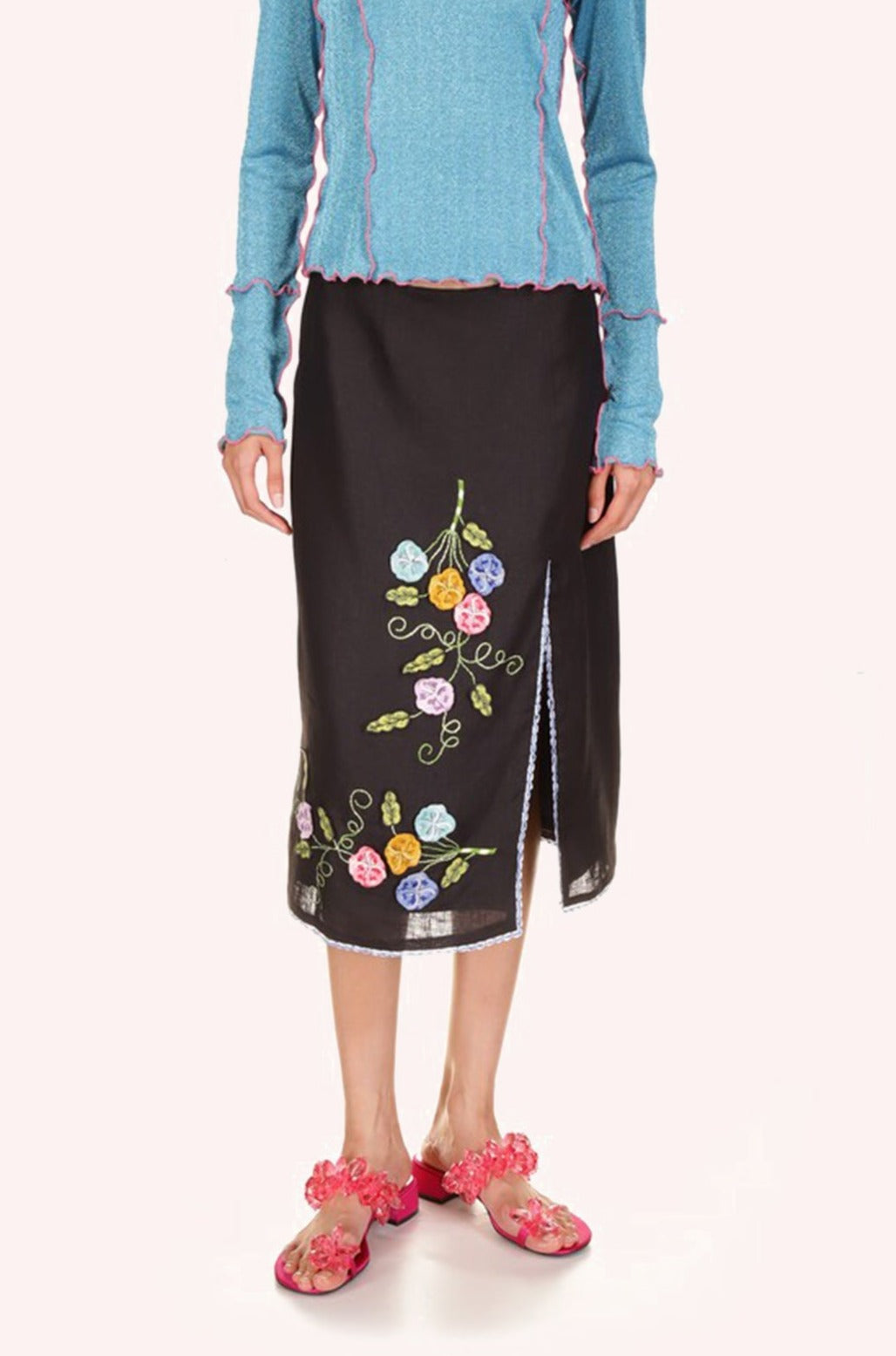 3-D Pansy Embroidered on Linen Skirt - Anna Sui US