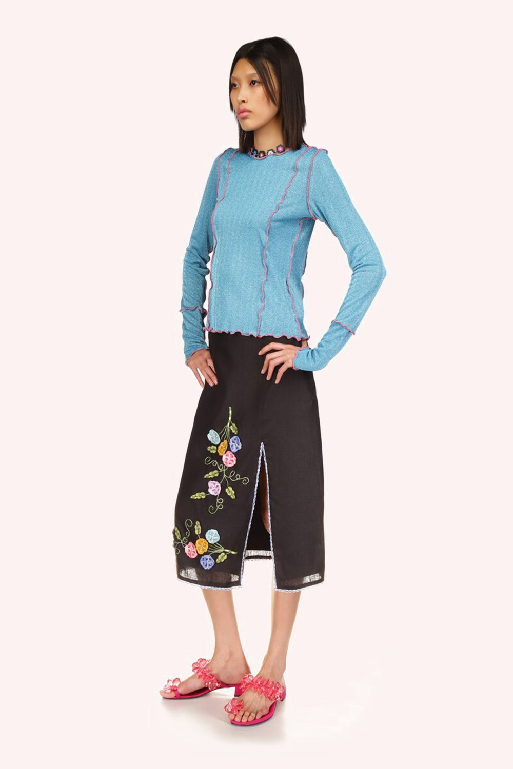 3-D Pansy Embroidered on Linen Skirt - Anna Sui US