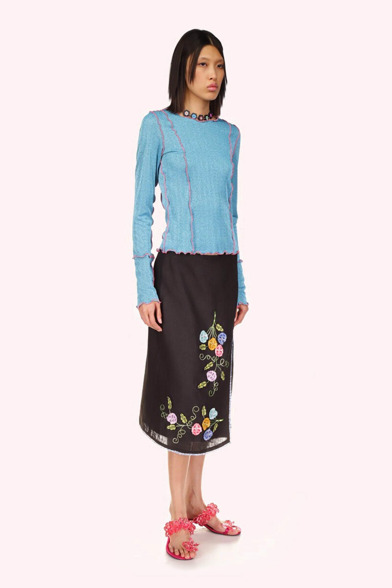 3-D Pansy Embroidered on Linen Skirt - Anna Sui US