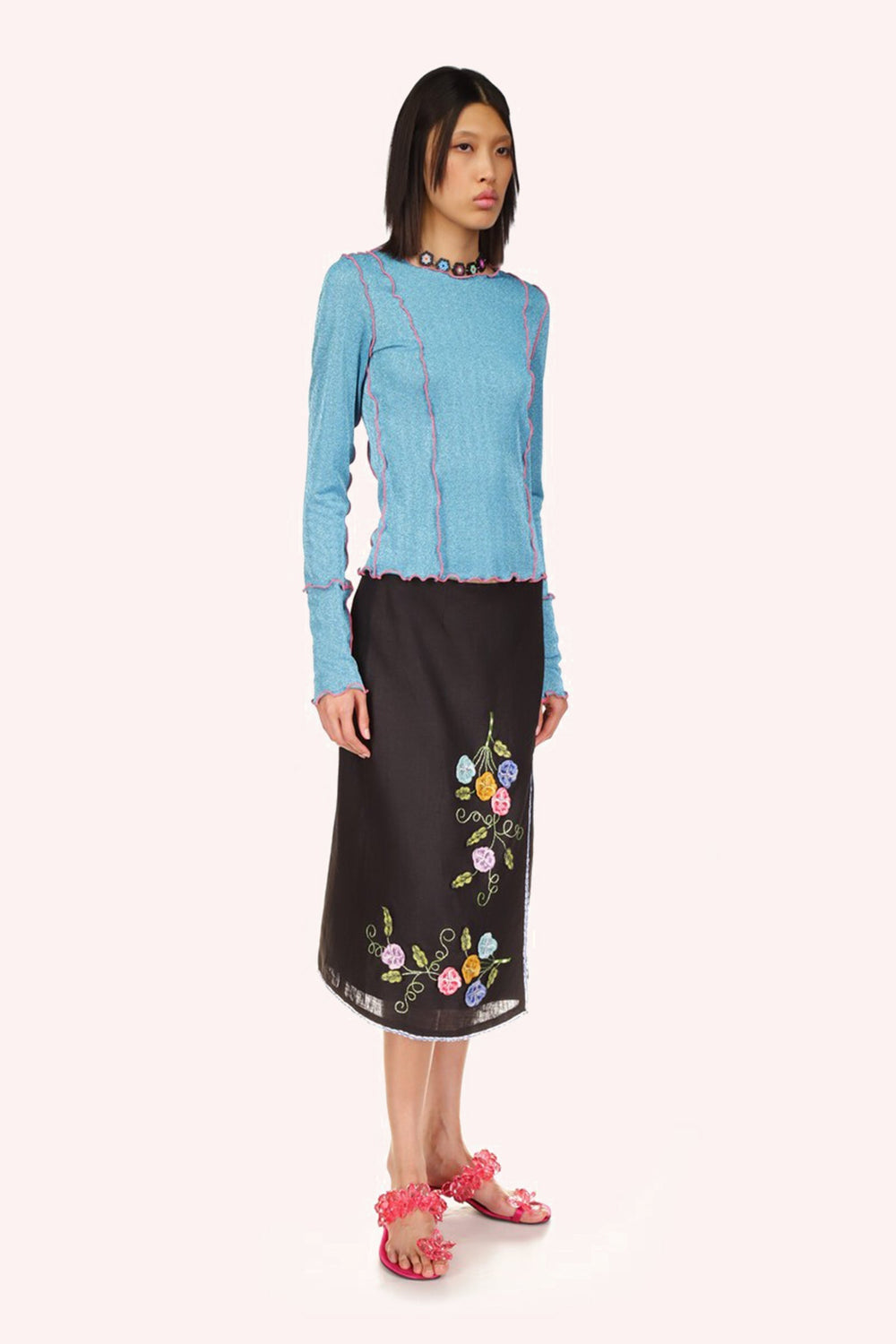 3-D Pansy Embroidered on Linen Skirt - Anna Sui US