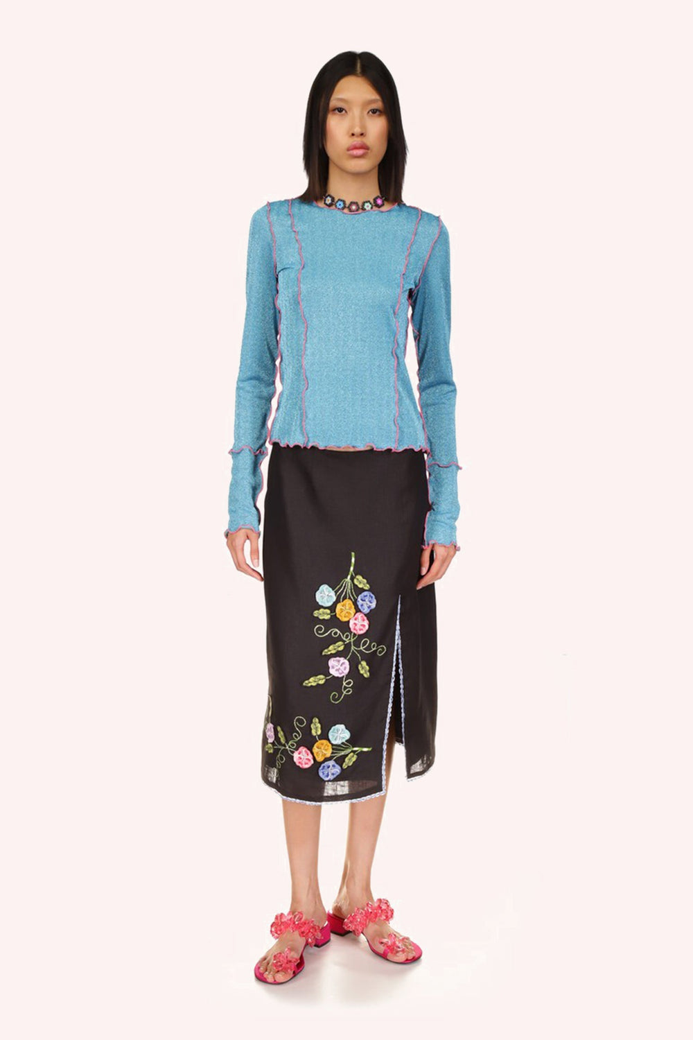 3-D Pansy Embroidered on Linen Skirt - Anna Sui US